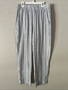 EUC 9SEED Linen & Cotton Blend Striped Silver/Navy Elastic Waist Pants P/S
